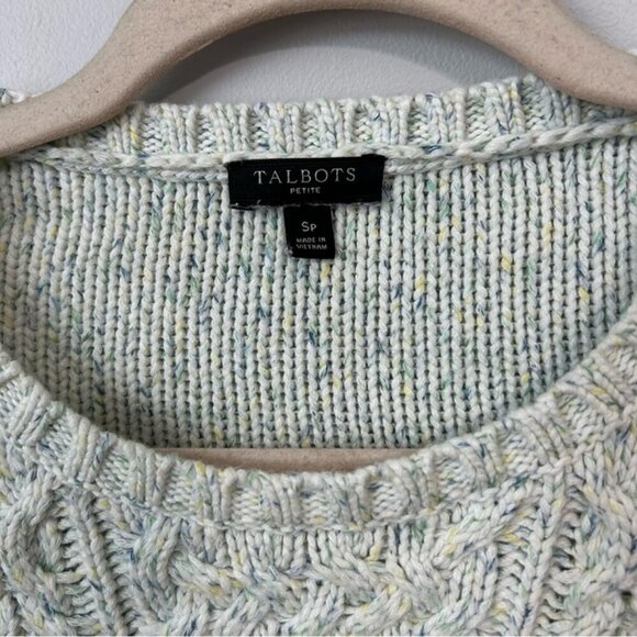 Talbots Gray Light Blue Speckled Cable Knit Crewneck Sweater Women’s Size Small - Picture 2 of 5